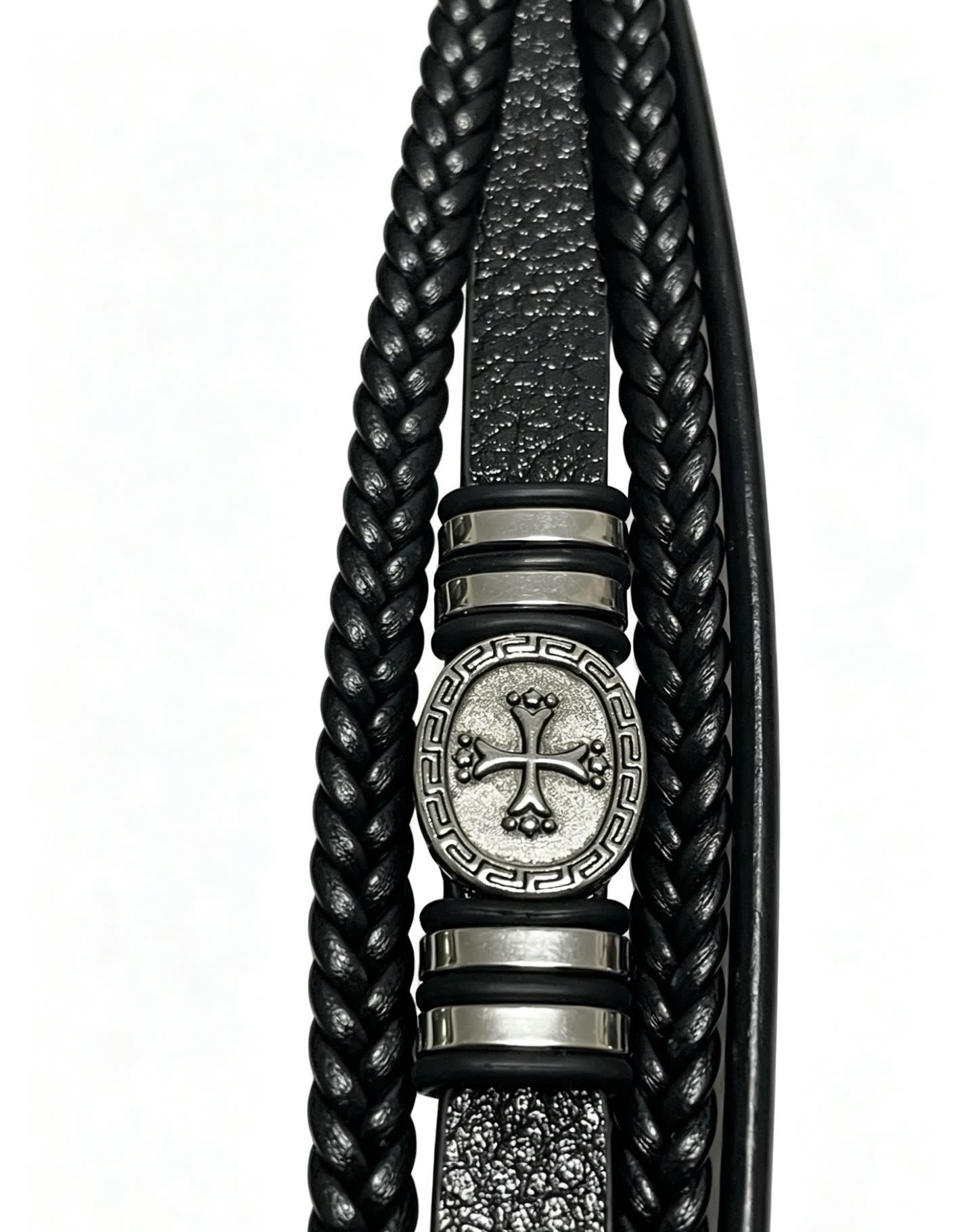 Chrome Hearts Men's Black Leather Bracelet with Silver Accents